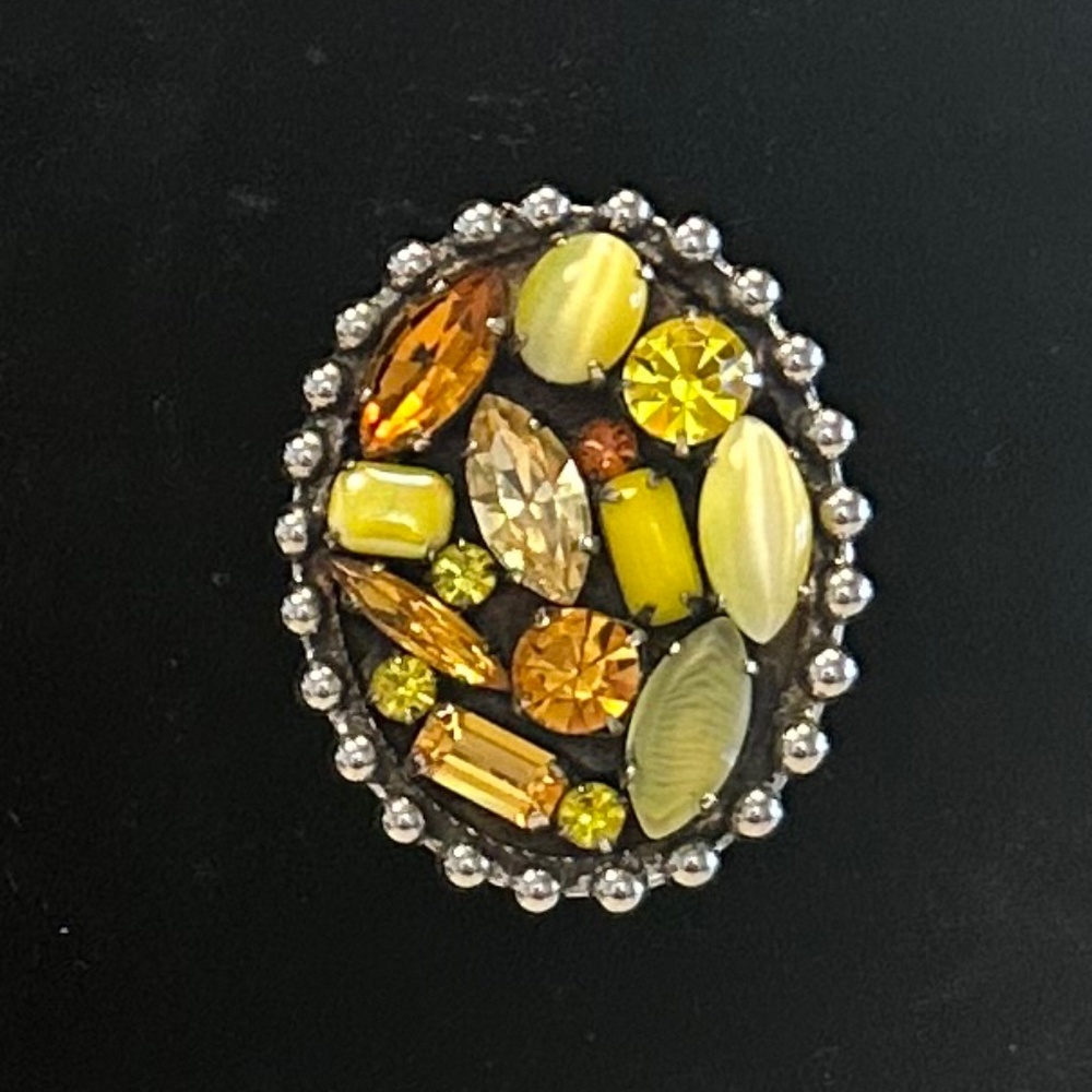 DANNY POLLAK - Vintage Yellow and Topaz Crystal Oval Mosaic Brooch